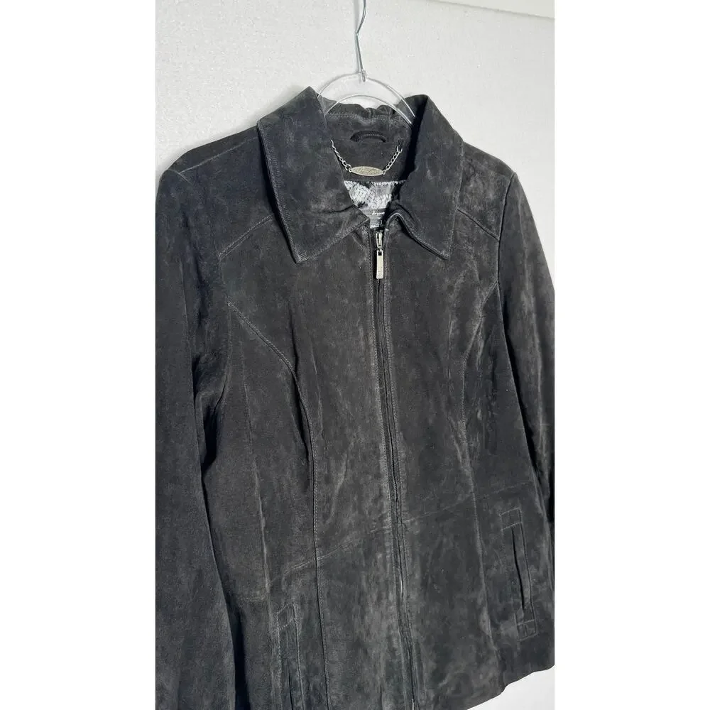 2000s Dennis Basso Washable Black Suede Leather Jacket zippered Cuffs Medium